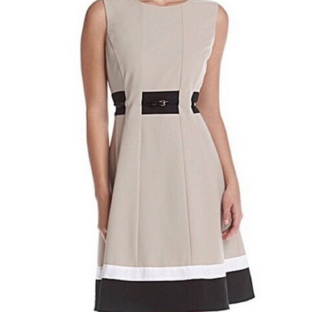 Calvin Klein Fit and Flair, Tan & Black Dress 16 W